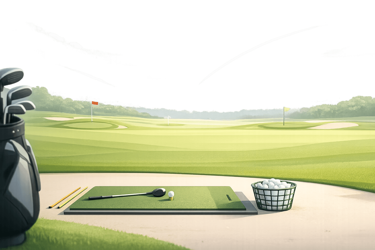 Golfer arriving at the driving range with a phone ready to start practice